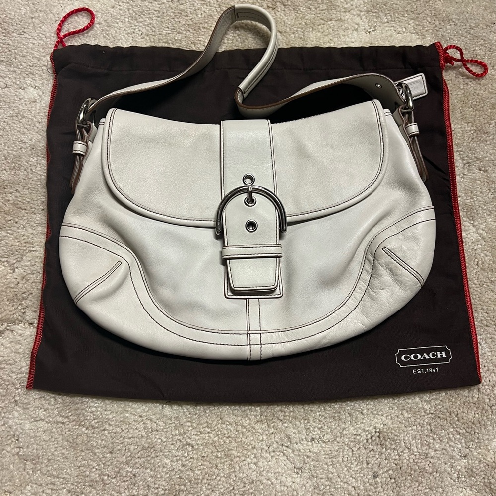 Coach White 9248 Soho Leather Shoulder Bag with buckle flap
